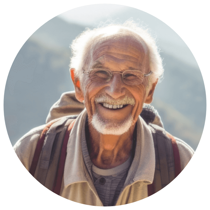 Older man hiking and smiling