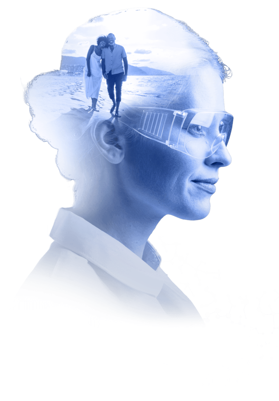 A scientist looking ahead with an image of a couple walking on the beach in her head